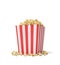 3d rendering of a square striped popcorn bucket with popcorn overflowing of it.