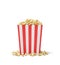 3d rendering of a square striped popcorn bucket with popcorn overflowing of it.