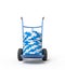 3d rendering of stack of blue and white poker chips on blue hand truck.