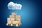 3d rendering of stack of cardboard boxes on wooden pallet standing under raining cloud on blue gradient background with