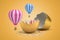 3d rendering of striped hot-air balloons hatching out from golden egg on light-ocher background.