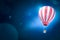 3d rendering of striped red and white hot air balloon on blue gradient bokeh background with copy space.