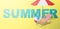 3d rendering of the `SUMMER` title with a beach umbrella, a deck chair and a beach ball on a yellow background.