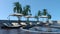 3D rendering of a summer vacation resort swimming pool with sun beds, umbrellas, palm trees and clear blue sky