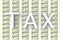 3d rendering. TAX letters word on US hundred dollar banknotes stack wall background
