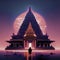 3D rendering of the Temple of the Reclining Buddha at sunset Generative AI