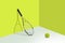 3d rendering of tennis racquet stands leaning on a bright yellow wall with a ball lying on a white floor nearby.