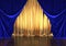 3D rendering, theater stage, golden curtains and blue velvet