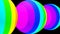 3D rendering. Three colorful spheres with lines that have rainbow colors on a black background. Template for design with spheres