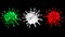 3D rendering, three coronavirus cells green,white,red italian flag covid-19 influenza flowing on background with black screen as