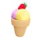 3d rendering three ice cream balls of ice cream with banana, chocolate, raspberry flavor and strawberries on top icon