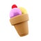 3d rendering three ice cream balls of ice cream with banana, chocolate, raspberry flavor and strawberries on top icon