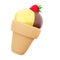 3d rendering three ice cream balls of ice cream with banana, chocolate, raspberry flavor and strawberries on top icon