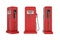 3D rendering of three red gas pumps, front view, sideways, cut apart on a white background. Oil dispenser. Fill the bucket. Road