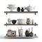 3d rendering of three wooden shelves filled with an array of dishes and kitchen utensils.