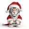 3d Rendering Of Tiger With Red Nose And Santa Hat On White Background