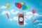 3d rendering of tnt dynamite time bombs with colorful balloon in the air with blue sky and white clouds on the