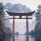 A 3D rendering of a traditional Japanese Torii gate set against the backdrop of a serene misty mountain landscape symbolizing the