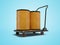 3D rendering transportation two barrels on an orange trolley on blue background with shadow