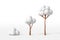 3d rendering of a tree kit - small, medium, large covered with white snow isolated on a white background. Cartoon minimalistic toy