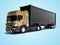 3d rendering truck tractor with black trailer on blue background with shadow