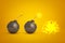 3d rendering of two ball bombs with fuse and one exploded on yellow background.