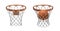 3d rendering of two basketball nets with orange hoops, one empty and one with a ball falling inside.