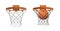 3d rendering of two basketball nets with orange hoops, one empty and one with a ball falling inside.