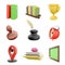 3d rendering two books, bookshelf, golden cup, stamp, feather and ink, alarm clock, loaction marker with graduation cap