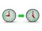 3D Rendering of two clocks linked by green arrow - nine to five routine