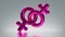 3d rendering. Two female gender symbols linked together, pink venus sign, lesbian clip art isolated on silver background. Shiny