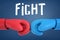 3d rendering of two fighters` hands touching boxing gloves before the fight with the `FIGHT` title above.