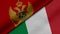3D rendering of two flags of Montenegro and Italian Republic together with fabric texture, bilateral relations, peace and conflict
