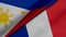 3D Rendering of two flags from Republic of the Philippines and French Republic together with fabric texture, bilateral relations,