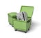 3d rendering of two green trash cans, front can open with bent and broken metal safe inside.