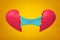 3d rendering of two halves of broken heart joined with blue sticky slime banner with title love on it on yellow