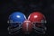 3d rendering of two helmets of different colors standing on both sides of an American football ball.