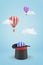 3d rendering of two hot-air balloons in the sky and a top hat standing in the foreground with one more hot-air baloon