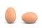 3d rendering of two isolated chicken eggs with brown shells where one stands upright and one lays on its side.