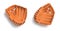 3d rendering of two left handed orange baseball gloves lying on a white background in a top view.