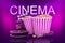 3d rendering of two popcorn buckets, film reel, movie clapper with CINEMA sign above on neon pink background