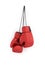 3d rendering of two red boxing gloves hanging on a long black string on a white background.