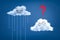 3d rendering of two smiley clouds one pouring rain and one with a question mark on blue background