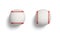3d rendering of two white baseball lying on a white background with horizontal and vertical red stitching.