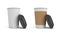 3d rendering of two white paper coffee cups with open black lids, one of the cups with a brown holding stripe.