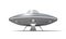 3d rendering of a UFO standing on the ground with its hatch open and gangway lowered on a white background.