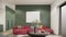 3d rendering video 4K. Close up frontal view living room interior design and decoration with green wall, red sofa