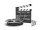 3d rendering of a video reel aand black clapperboard with empty fields on white background.