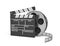 3d rendering of a video reel standing behind a black clapperboard with empty fields.
