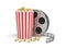 3d rendering of a video reel with video film aand big bucket full of popcorn.